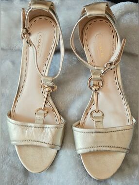 COACH Metallic Gold T-Strap Sandals with Chain Detail
